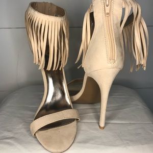 Nude fringe suede high heels